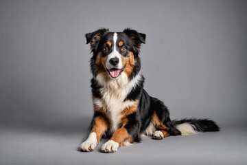 sit Australian Shepherd dog with open mouth looking at camera, copy space. Studio shot.