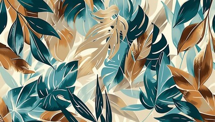 abstract botanical pattern with leaves in teal, beige and brown colors