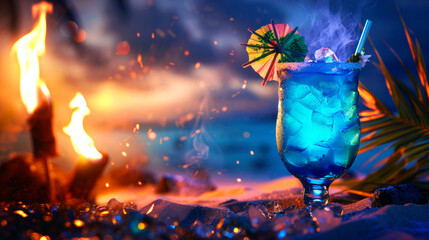 Blue Hawaiian cocktail on a beach at sunset, tropical drink with a relaxing vibe