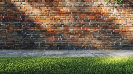 Brick Wall Outside with Concrete Floor in Green Grass Exterior Setting