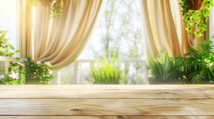 Warm sunlight streaming through elegant curtains onto a wooden table, evoking calm and comfort in a home setting.