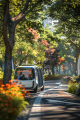 A small car is seen driving down a street flanked by trees