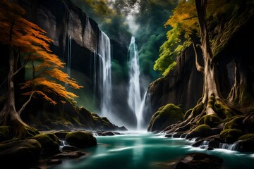 waterfall in the forest - obrazy, fototapety, plakaty