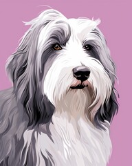 A Bearded Collie with long white and gray fur, looking to the right with a serious expression on its face