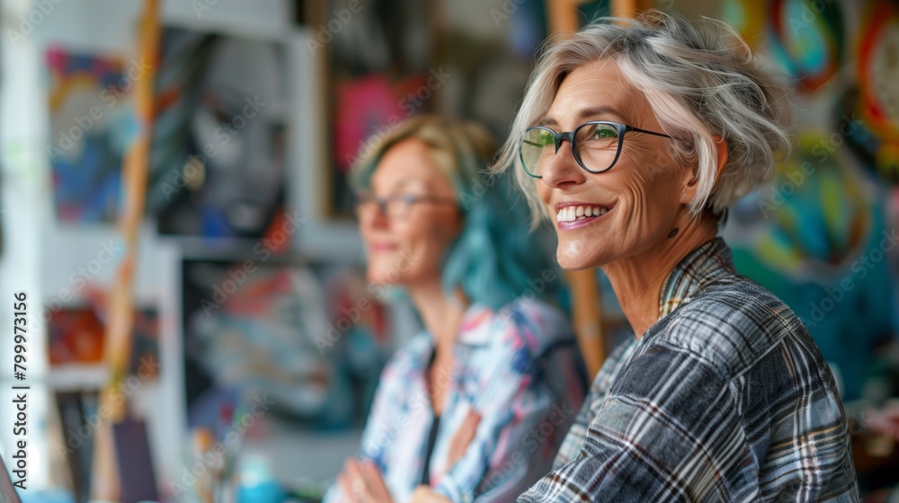 Sticker Two senior women smiling joyfully in a vibrant art studio surrounded by colorful artworks.