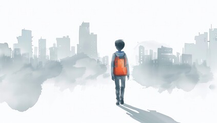 A boy walking on the road, wearing an orange backpack with buildings in foggy watercolor, Back to school concept