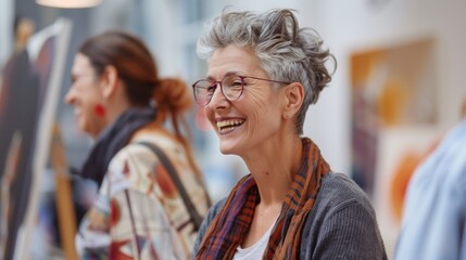 Happy senior woman with stylish short gray hair and glasses smiling in an art gallery, blur in the background.