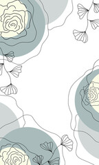 Design postcard with geometric circles and black flowers rose on a white background, holiday card, greetings card modern floral pattern, frame, postcard for invitations, for birthday, congratulations 