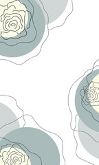 Design postcard with geometric circles and flowers rose on a white background, holiday card, greetings card modern floral pattern, frame, postcard for invitations, for birthday, congratulations 