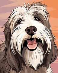 An illustration of a Bearded Collie dog, with a happy expression on its face, looking up at the viewer with its mouth slightly open and its tongue hanging out. The dog has long, wavy fur that is light
