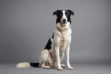 sit Borzoi dog with open mouth looking at camera, copy space. Studio shot.
