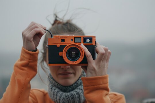 An orange camera is being used by a woman to snap shots the grey sky is in the backdrop and her hand is close to the camera.
