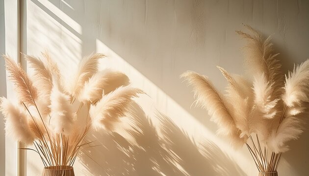 Beautiful shades of neutral pampas grass and reeds makes for an aesthetic background with sunlight casting shadows on the wall giving off Parisian