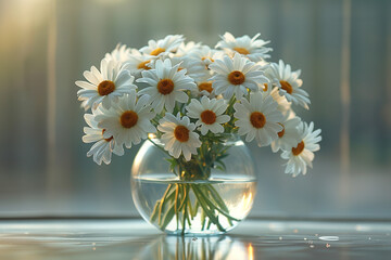 A crystal-clear glass vase filled with pristine white daisies, capturing the purity of a dew-kissed morning.