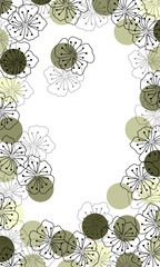 Abstract geometric greetings card with circles and black flowers on a white background, holiday card, colored design floral pattern, frame, postcard for invitations, for birthday congratulations 