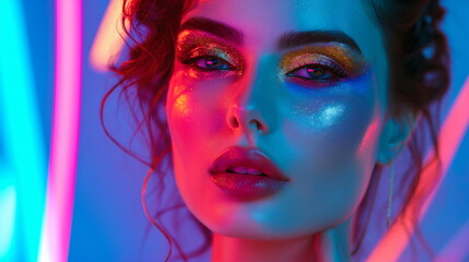 Model face woman is dramatically lit with neon lights, casting vivid turquoise and pink hues across her features