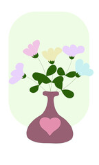 Design card with vase and spring flowers and leaves on a green background, nice holiday card, floral pattern, frame, postcard for invitations, for birthday, congratulations