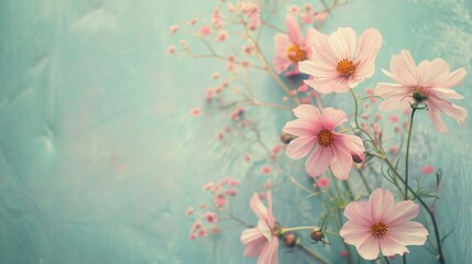 light blue background with pink daisies, pastel color theme, copy space concept