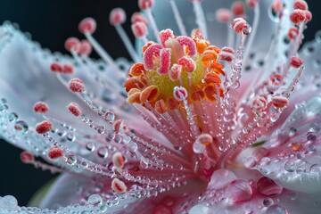 Extreme close-up of a flower's pistil and stamen, high-magnification with intricate structures