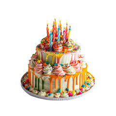 Multi-layered birthday cake on transparent background. Ai generated