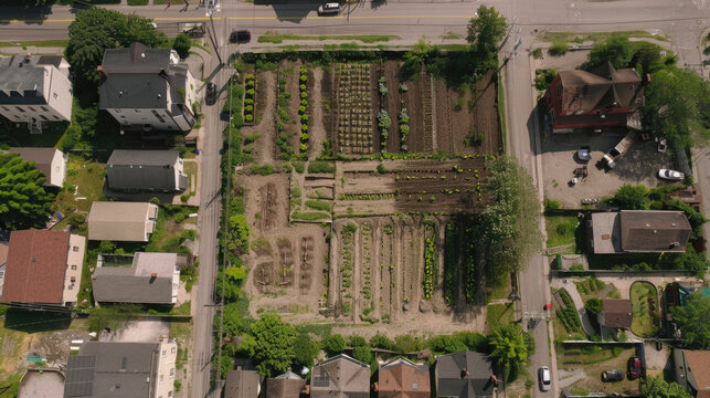 The aerial view shows a bustling vegetable garden in a neighborhood, with rows of various crops and gardening tools scattered around
