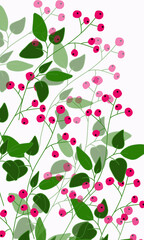 Spring nice postcard with bouquet red berries green branches on a white background, colored design floral pattern, frame, holiday postcard for invitations, greetings card for birthday, congratulations