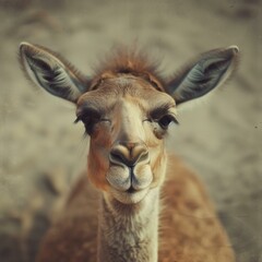 Obraz premium Close-up Portrait of a Cute Smiling Llama with Big Ears and Furry Coat