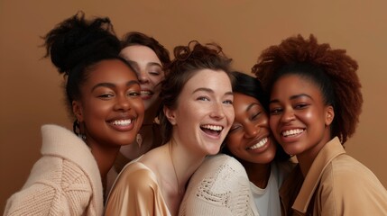 A vibrant portrait of five diverse young women joyously huddled together, smiling joyfully.
