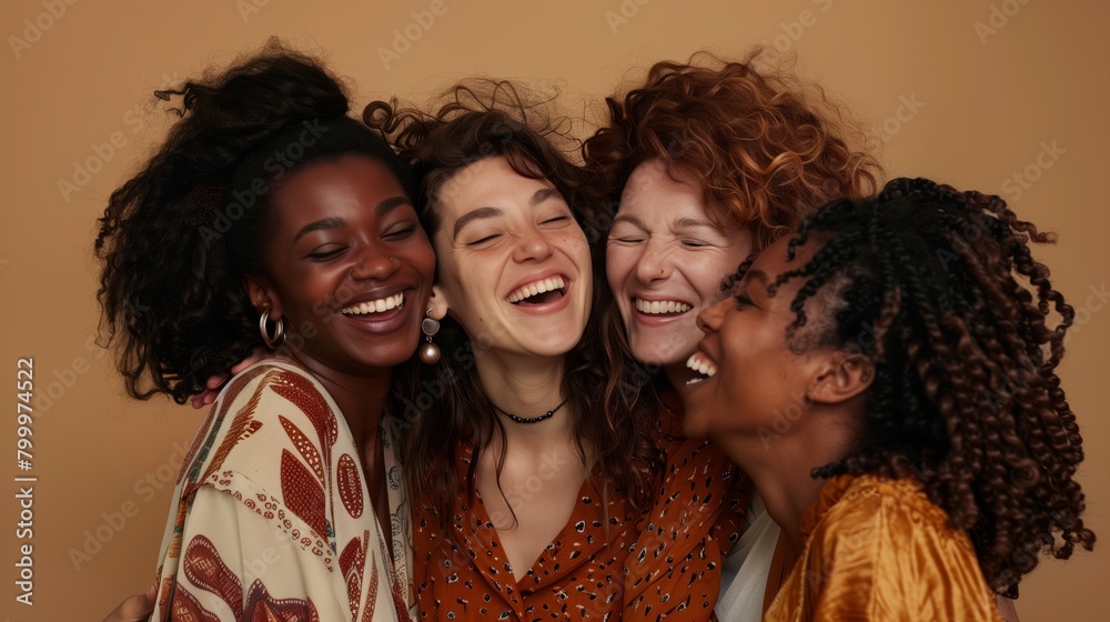 Wall mural four joyful diverse women hugging and laughing together, showcasing warmth and friendship.