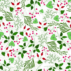 Floral seamless pattern with red berries, green leaves and branches, spring nice background, holiday coloured postcard, print for fabric, for wallpaper, for wrapping, nature design