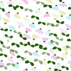 Seamless pattern with colourful flowers, green leaves, spring background, floral illustration, holiday postcard, print for fabric, for wallpaper, for wrapping, congratulations 
