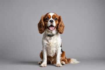 sit Cavalier King Charles Spaniel dog with open mouth looking at camera, copy space. Studio shot.