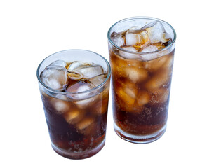 Soft drinks with ice cubes isolated transparent background.