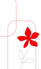 Geometric card design with red flowers on white background, holiday greetings card with lines and shapes, colorful simple floral pattern, frame, postcard for invitation, birthday, congratulations