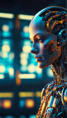 artificial intelligence robot, beautiful female humanoid robot, room background full of glowing lights