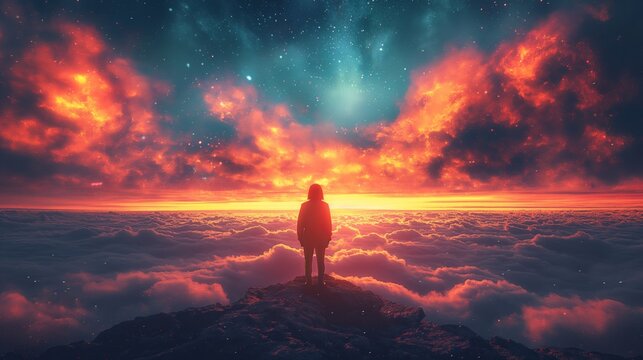 Illustration of a woman standing on the edge of a cliff above the clouds, illuminated by the light of the sunset.