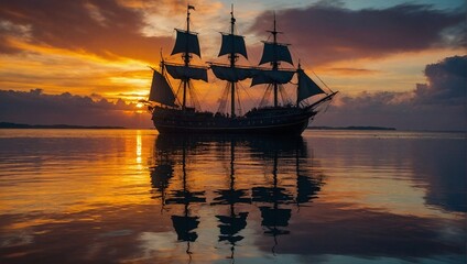 a majestic image of a VOC ship silhouetted