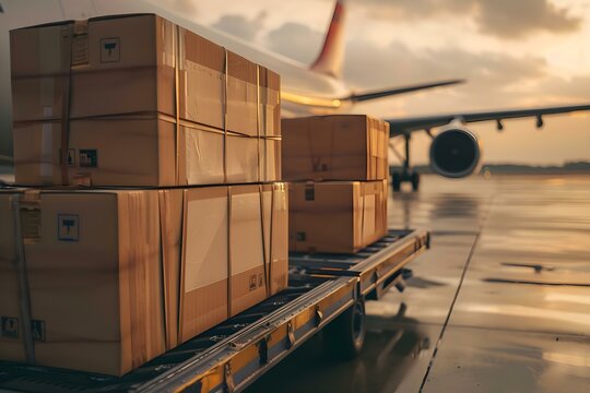 Cargo plane loading packages on a runway. Concept Aviation, Transportation, Cargo Logistics, Air Freight, Airport Operations