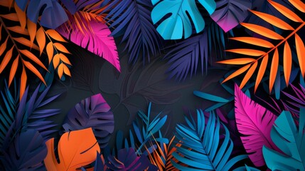 Abstract background with colorful palm leaves in the style of paper art