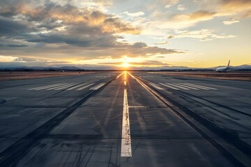 Minimalistic wide angle shot of empty airport runway at sunset. Concept Sunset, Airport Runway, Wide Angle, Minimalistic Approach, Empty JsonRequest