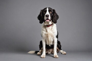 sit English Springer Spaniel dog with open mouth looking at camera, copy space. Studio shot.