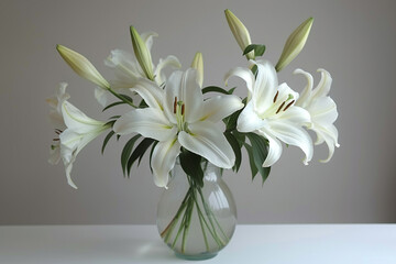 A single elegant lily stem gracefully arching out of a tall, slender glass vase.