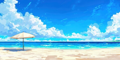 A beautiful beach with white sand, blue sky and some clouds in the background. There is an umbrella on one side