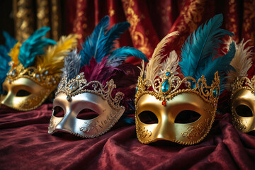 carnival masks on red cloth, masks full of gold and silver colors, beautiful and amazing masks