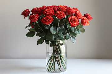 A sleek, modern glass vase filled with vibrant red roses against a stark white background.