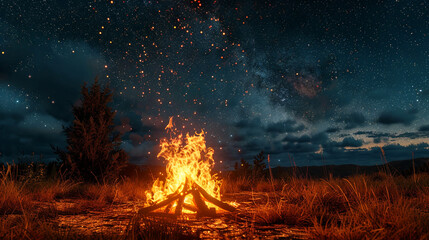 A crackling bonfire under a starry sky