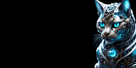 robot cat with blue eyes and visible mechanical components, solid black background, minimalist