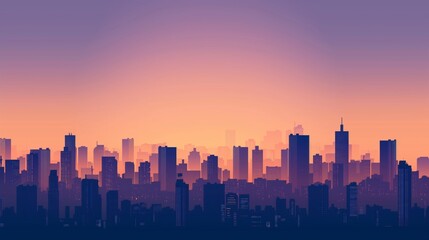 Fototapeta premium Illustration of cityscapes bathed in the golden hues of dusk, skyscrapers casting long silhouettes against a vibrant sunset sky background.