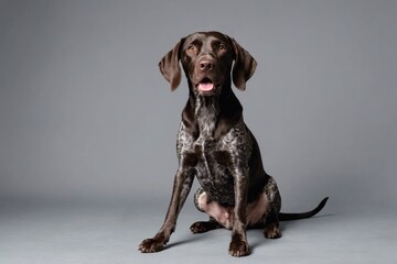 sit German Shorthaired Pointer dog with open mouth looking at camera, copy space. Studio shot.