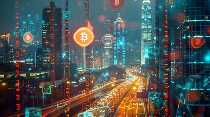 An evening sparkling cityscape with a hologram drawing on the theme of cryptocurrency and a background image of Hong Kong city. The concept of blockchain and Bitcoin